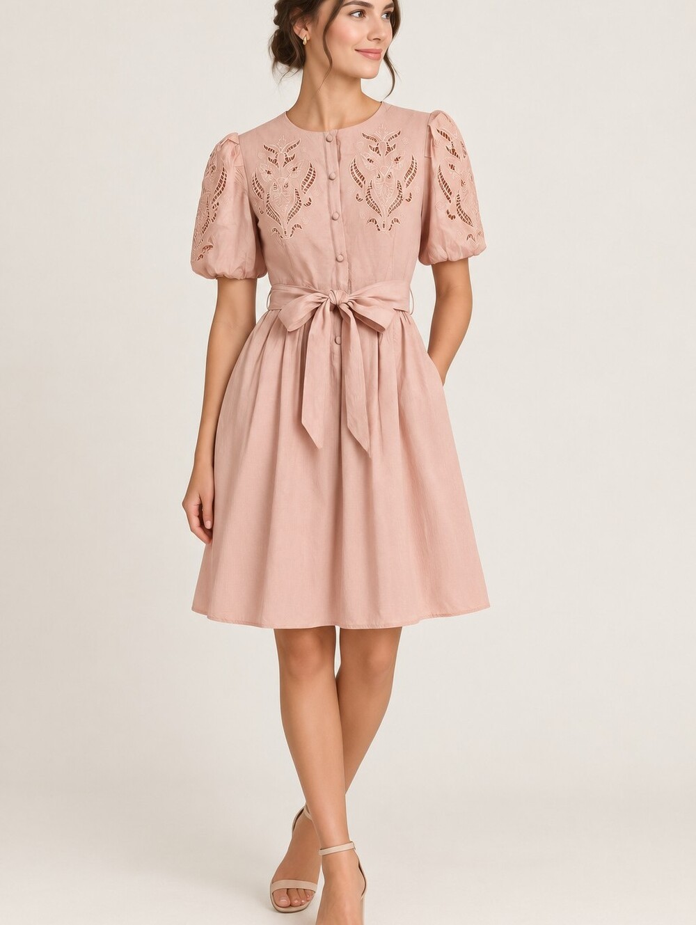 Tie-Waist Eyelet Midi Dress in Dusty Pink